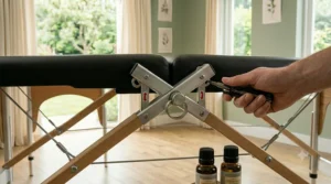Removable ergonomic face cradle and armrest extensions attached to an affordable massage table under 200 dollars.
