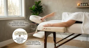 A detailed graphic showing the adjustable face cradle, arm shelf, and height settings on a high-end massage table.