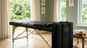 Foldable aluminum massage table under 200 dollars featuring an adjustable height frame and black upholstery.
