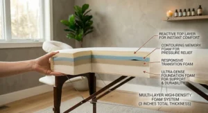 A cross-section illustration showcasing multi-layer memory foam padding on a comfortable massage table.