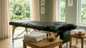 Close-up view of multi-layered high-density foam padding on an affordable home massage table.