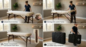 A step-by-step diagram illustrating how to easily fold and transport a lightweight, portable massage table.