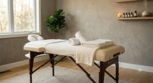A serene illustration of a fully dressed massage table with sheets, pillows, and rolled towels in a luxury spa room.