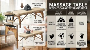 Infographic chart explaining the difference between static load limits and dynamic massage table weight capacity for active therapy.
