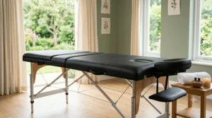 Sturdy wooden massage table under 200 dollars with leather padding and a detachable face cradle for professional use.
