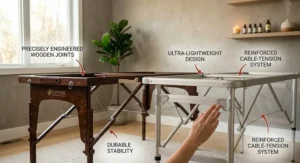 An illustration comparing a sturdy wooden frame to a lightweight aluminum frame for a professional massage table.