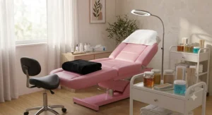 A pink massage table for esthetician waxing services with the adjustable backrest tilted up.