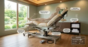 Diagram showing multi-section adjustable backrest and leg positions on a hydraulic massage table.