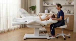 An adjustable electric massage table for esthetician facials with a motorized remote control.