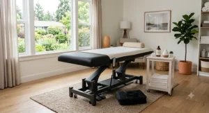 Electric height-adjustable massage table for home studio massage therapists and bodyworkers.
