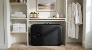Folded portable massage table stored compactly inside a home studio closet when not in use.