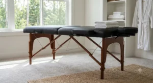 Heavy-duty massage table with reinforced support cables for maximum weight capacity in a home studio.