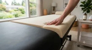 Close-up view of high-density foam padding and oil-resistant upholstery on a home studio massage table.