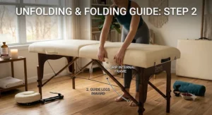 A step-by-step illustration demonstrating how to unfold and lock a portable massage table into place.