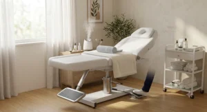 A heavy duty hydraulic massage table for esthetician skincare procedures showing the foot pedal adjustment.