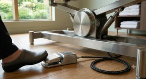 Close-up illustration of the hydraulic foot pedal mechanism for height adjustment on a massage table.