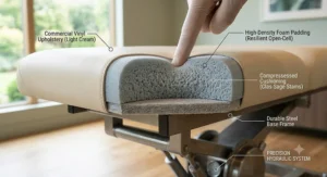 Detailed cross-section view of high-density foam padding and commercial vinyl upholstery on a hydraulic massage table.