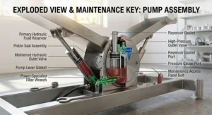 Maintenance diagram showing internal hydraulic fluid pump components and cylinder assembly of a massage table.