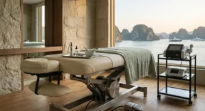 Hydraulic massage table setup optimized for facial and body treatments in a medical spa.