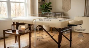 A technical diagram showing the standard dimensions, adjustable height range, and working weight capacity of a portable massage table.