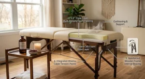 A cross-section illustration of portable massage table multi-layer foam padding and water-resistant PU leather upholstery.