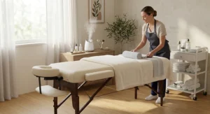 A lightweight portable massage table for esthetician mobile spa services folded open with a headrest.
