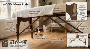 A detailed illustration of the auto-lock cable tension system that provides stability to a portable massage table base.