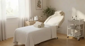 A luxury padded spa massage table for esthetician body treatments topped with rolled plush towels.
