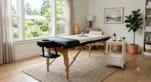 Hardwood frame massage table with plush padding and neutral linens in a cozy home treatment space.
