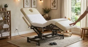Multi-section adjustable backrest and leg lift feature on an affordable electric treatment table.