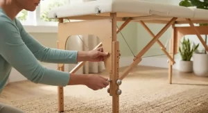 Practitioner adjusting the height settings on the wooden legs of a lightweight reiki table.
