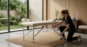 A massage professional adjusting the leg height on a portable lightweight massage table.