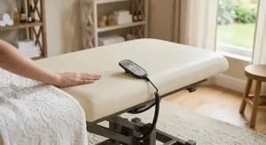 Ergonomic hand remote controller resting on an affordable electric massage table.