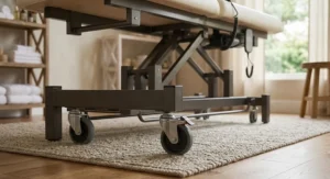 Smooth-rolling lockable caster wheels on the base of an affordable electric massage table.