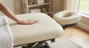 High-density foam cushion and easy-to-clean vinyl upholstery of an affordable electric massage table.