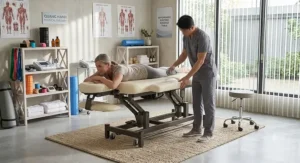 Affordable electric massage table positioned in a modern physical therapy or chiropractic clinic.