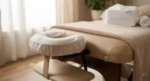 Fitted elastic disposable face cradle cover secured over a massage headrest in a wellness clinic.