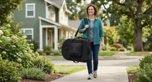 Reiki practitioner carrying a folded lightweight reiki table in a black shoulder travel bag.