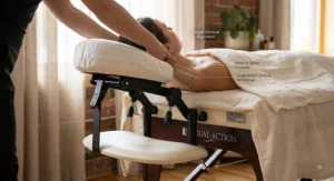 Illustration showing proper cervical spine alignment when using a face cradle for a massage table.
