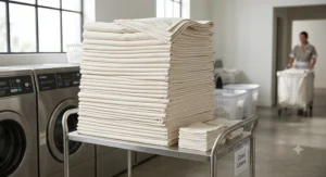 Stack of clean, freshly laundered massage table sheets ready for daily spa use
