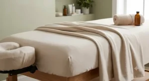 Close-up of soft flannel massage table sheets draped over a professional massage table in a spa setting