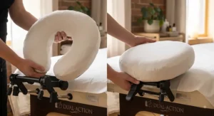 Side-by-side comparison between a crescent face cradle cushion and an oval headrest pillow.