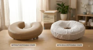 Comparison showing a standard massage headrest with and without a bulk disposable face cradle cover.
