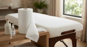 Roll of white disposable massage table sheets for sanitary medical and spa treatments