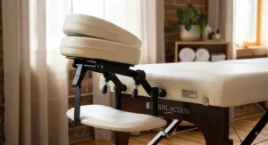 Dual-articulating face cradle frame mounted on a portable massage table.