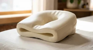 Contoured memory foam face cradle cushion designed to relieve pressure during a massage.