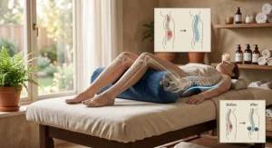 Illustration depicting proper spine alignment achieved by using a massage table bolster during bodywork.