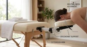 Side view illustration of proper ergonomic neck alignment using a massage face cradle extension arm.