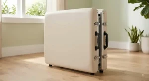 Compact folded lightweight reiki table showing the built-in carrying handle and safety clasps.