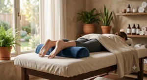 Half round massage table bolster supporting a client's ankles in the prone position.